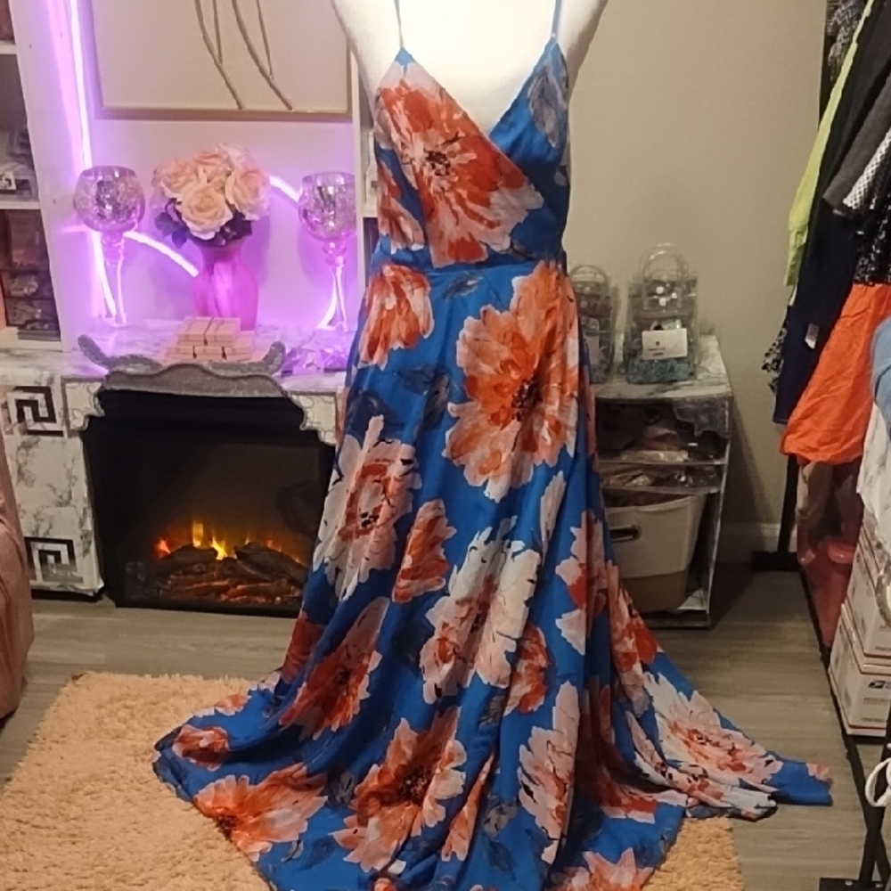 Lulu's Vibrant Blue and Pink Floral Maxi Dress